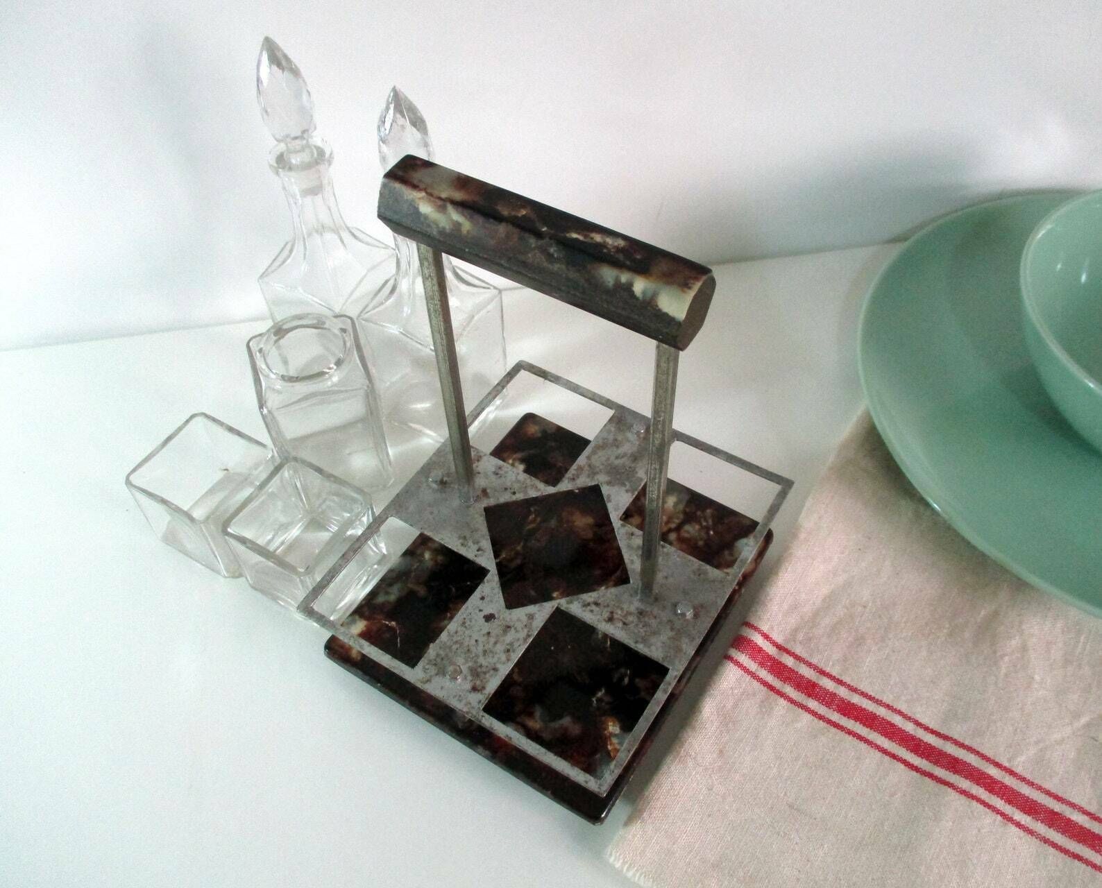 photo for sale Bakelite Condiment Holder   French Antique Cruet Set   5 Piece Condiment Set   Art Deco Condiment Caddy   Marbled Bakelite