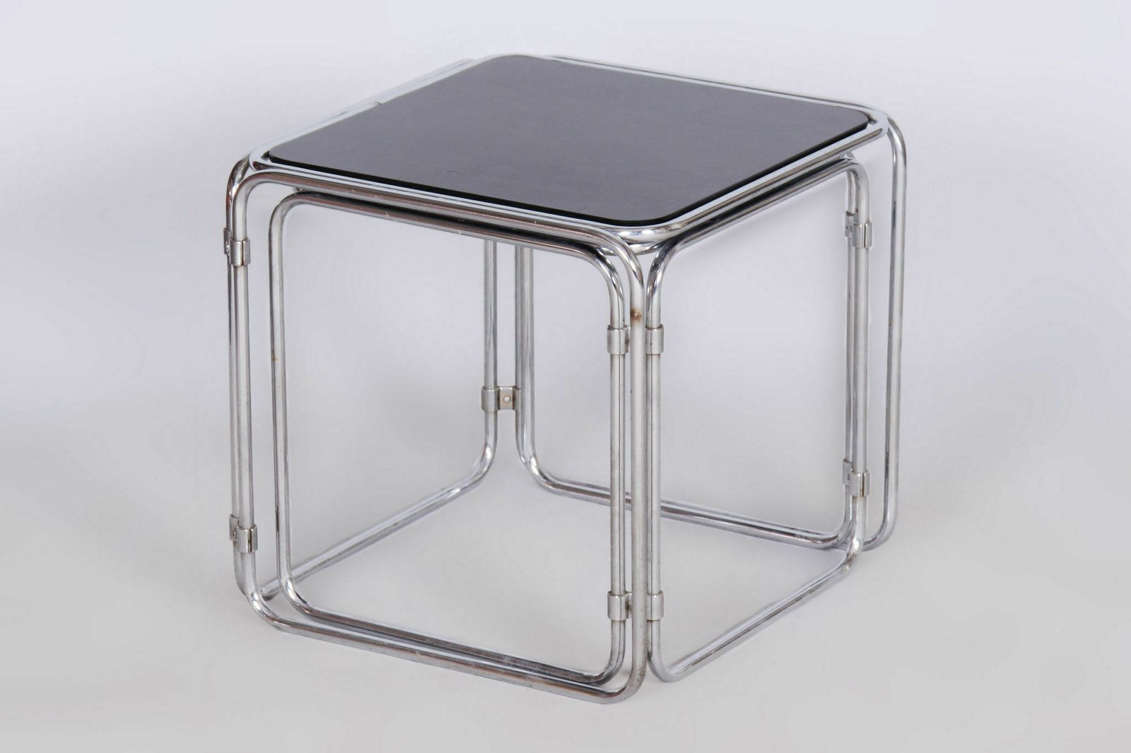 Restored Midcentury Nesting Tables, Chrome Plated Steel, Glass, Czechia, 1960s photo vintage