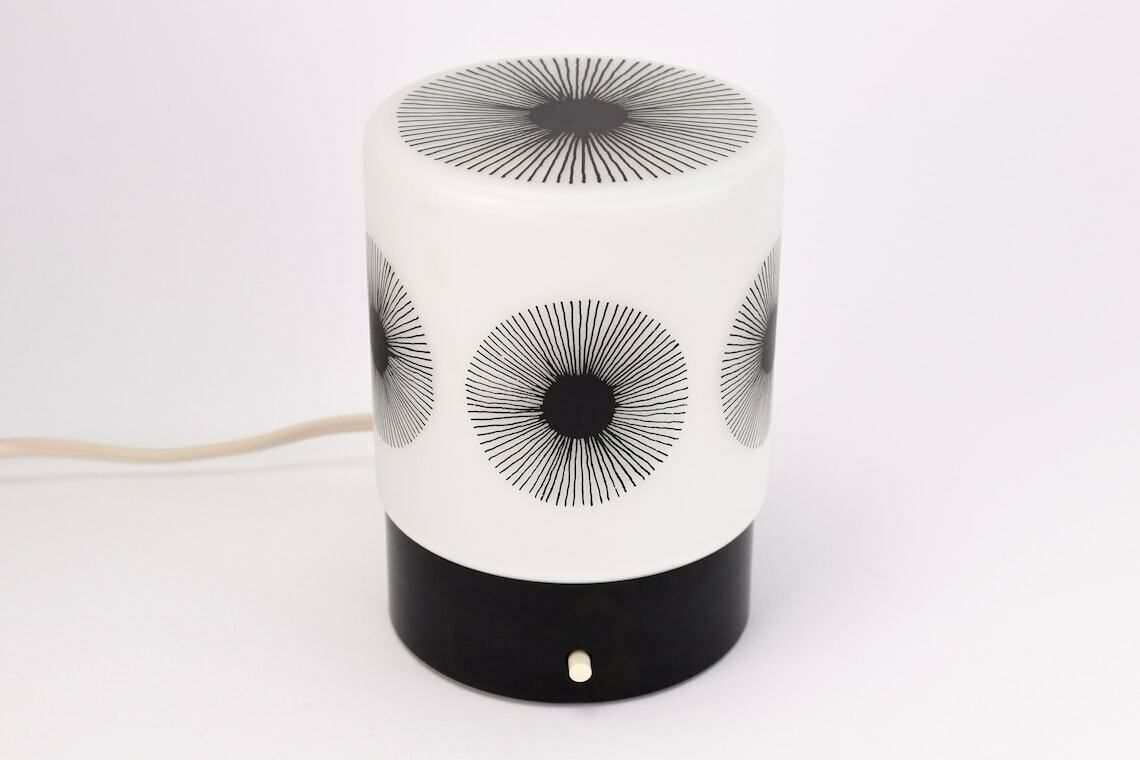 Atomic Age Dandelion Table Light By Erco Leuchten Vintage | Mid Century Modern Rare Accent Lamp Glass Black White Bakelite | Bedside 1970s photo for sale
