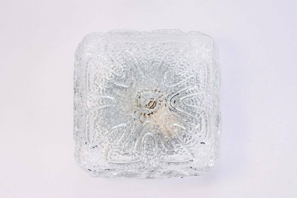 1960s Flush Mount Glass | Mid Century Modern Ceiling Lamp Vintage | Ice Glass Light Sixties Flower Floral Wall Sconce | Retro Brutalist photo for sale