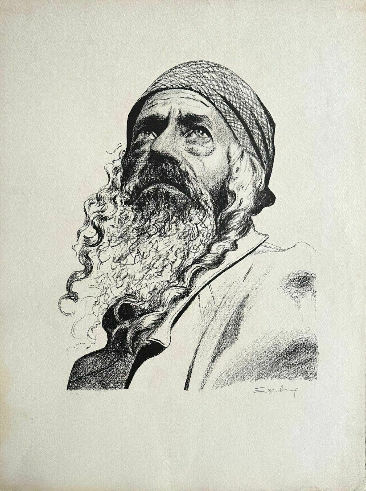 Jacob Eisenberg   Lithograph Signed Israeli Jewish Art Hassidic Portrait Rabbi