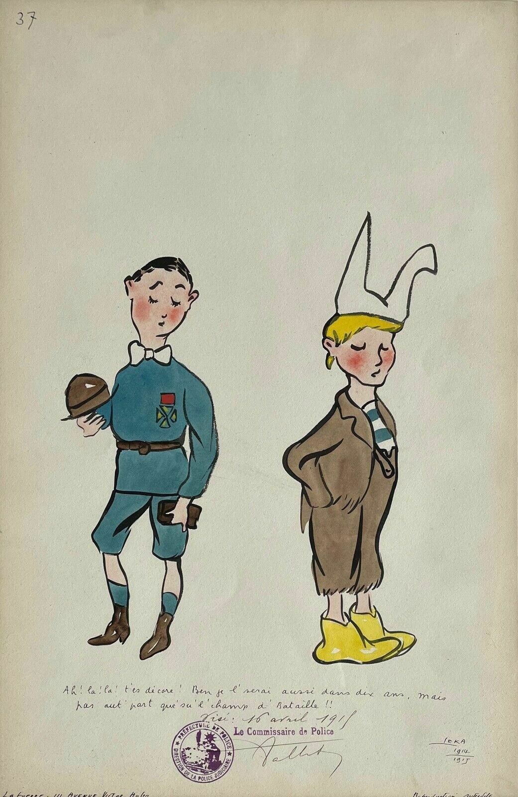 Caricature 1914 Very Nice Watercolor Drawing Signed Leka War Wwi Press