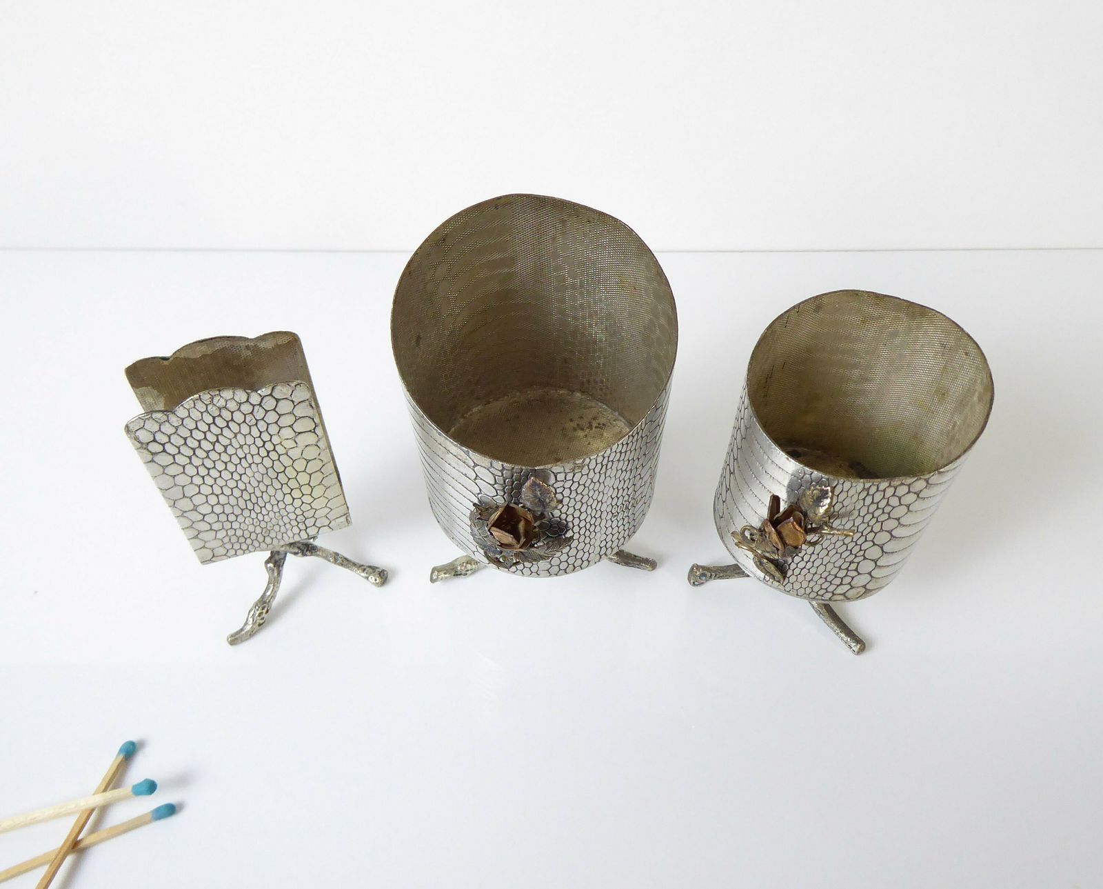 French Art Nouveau Mantlepiece Set | Match Holder And Candle Holders | Faux Bois And Snakeskin photo 385.0