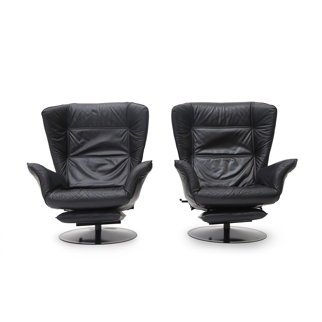 Pair Of Reclining Black Leather Armchairs, 1970s