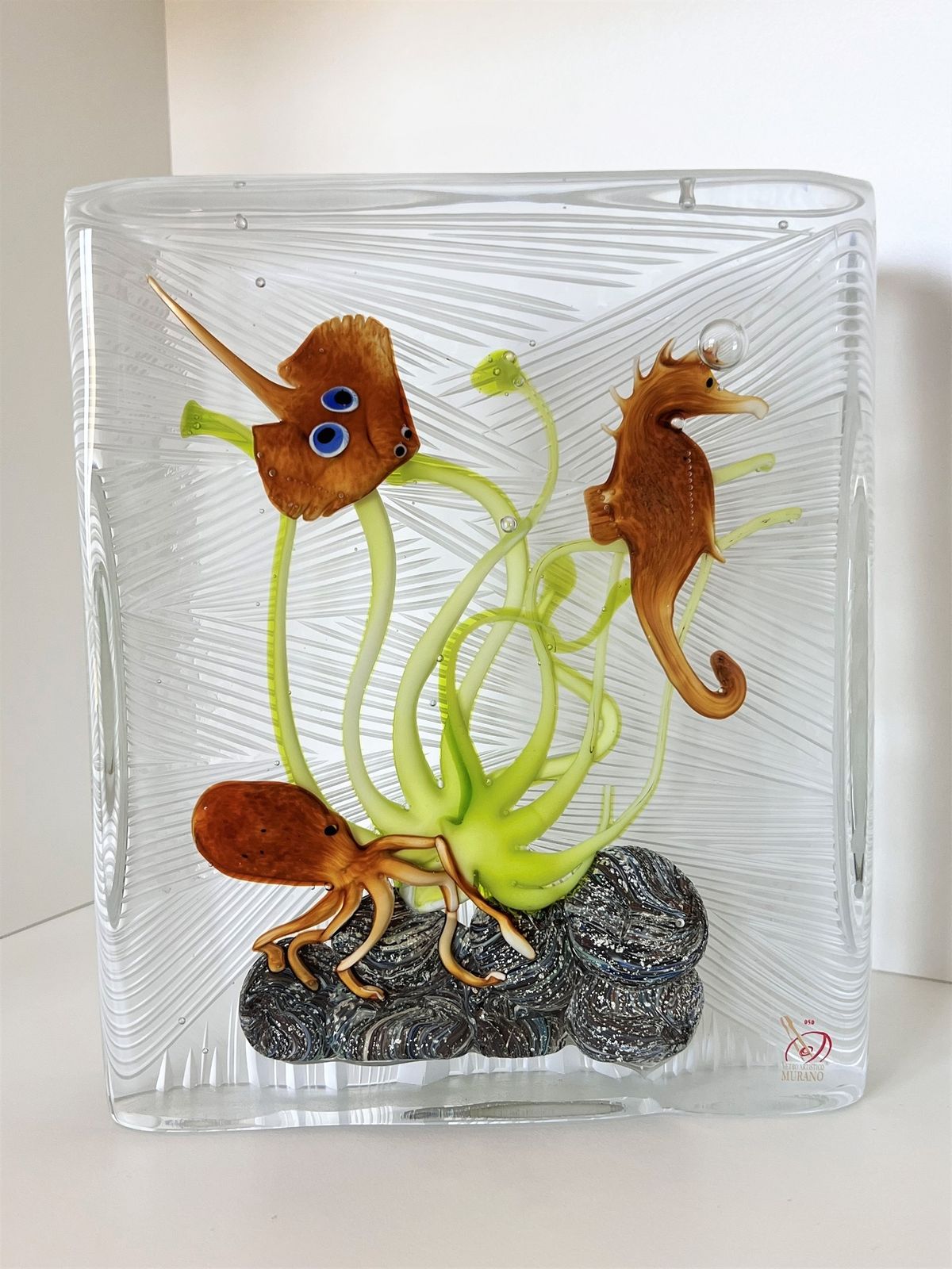 photo for sale Italian Murano Glass Aquarium With Sea Animals, Signed