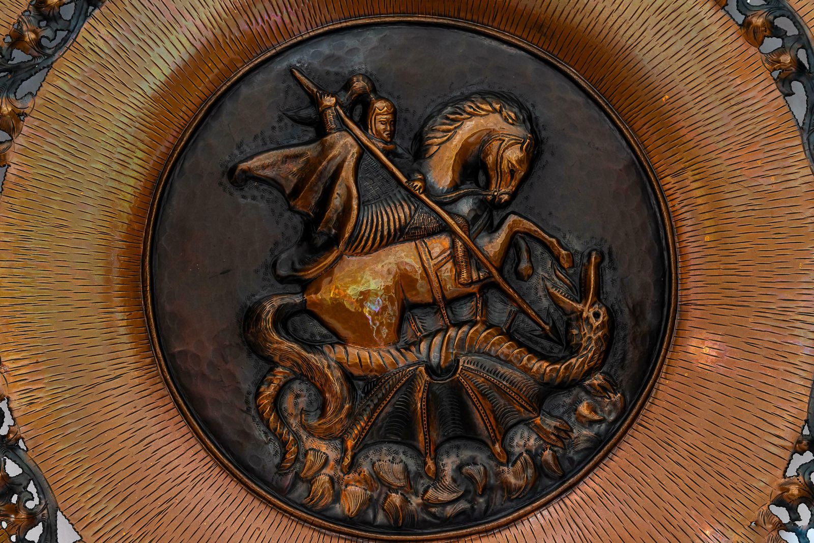 Saint Geogius Kills Dragon Big Wall Decoration Made Of Copper Italy Around 1950s photo for sale