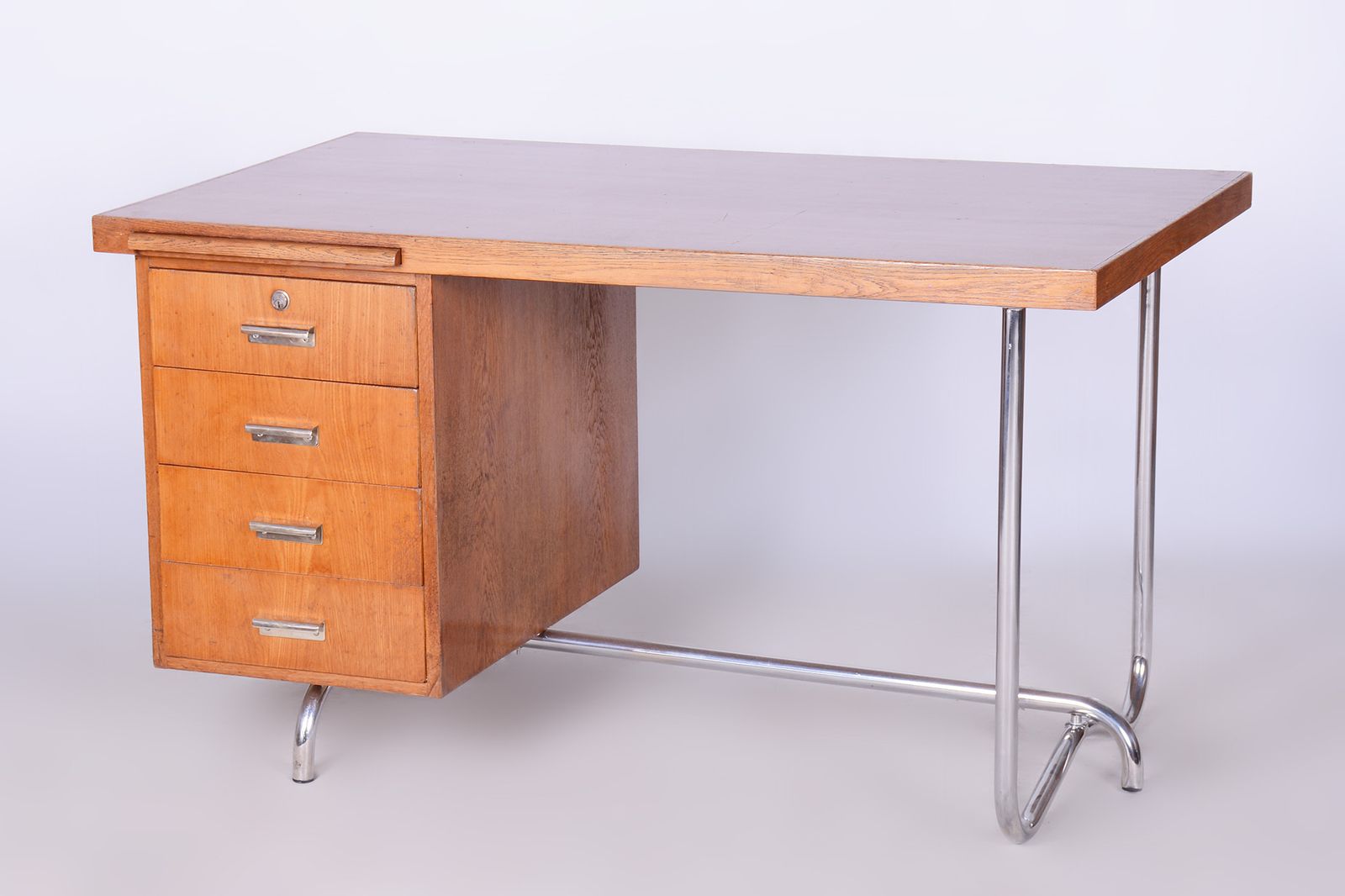 Restored Pair Of Oak Writing Desks, Hynek Gottwald, Chrome, Czechia, 1930s photo buy