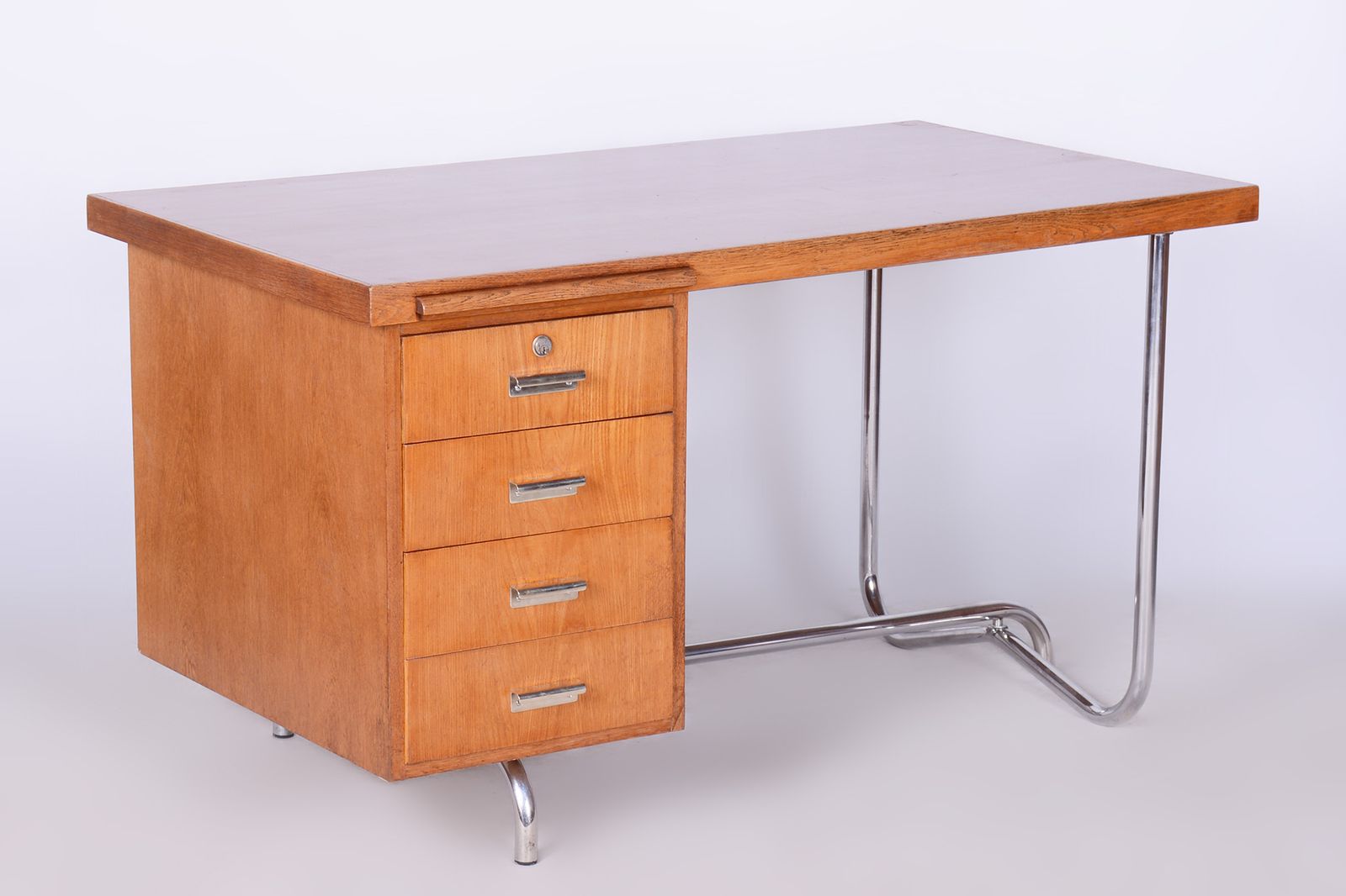 Restored Pair Of Oak Writing Desks, Hynek Gottwald, Chrome, Czechia, 1930s photo vintage