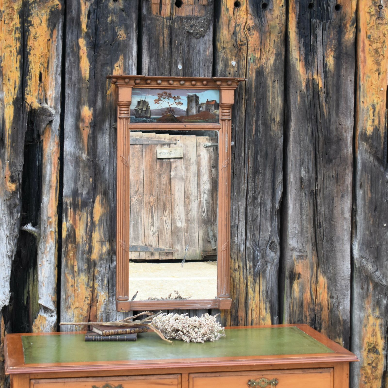 Antique 19th Century Gilt Verre Eglomise Painted Panel Pier Mantle Mirror