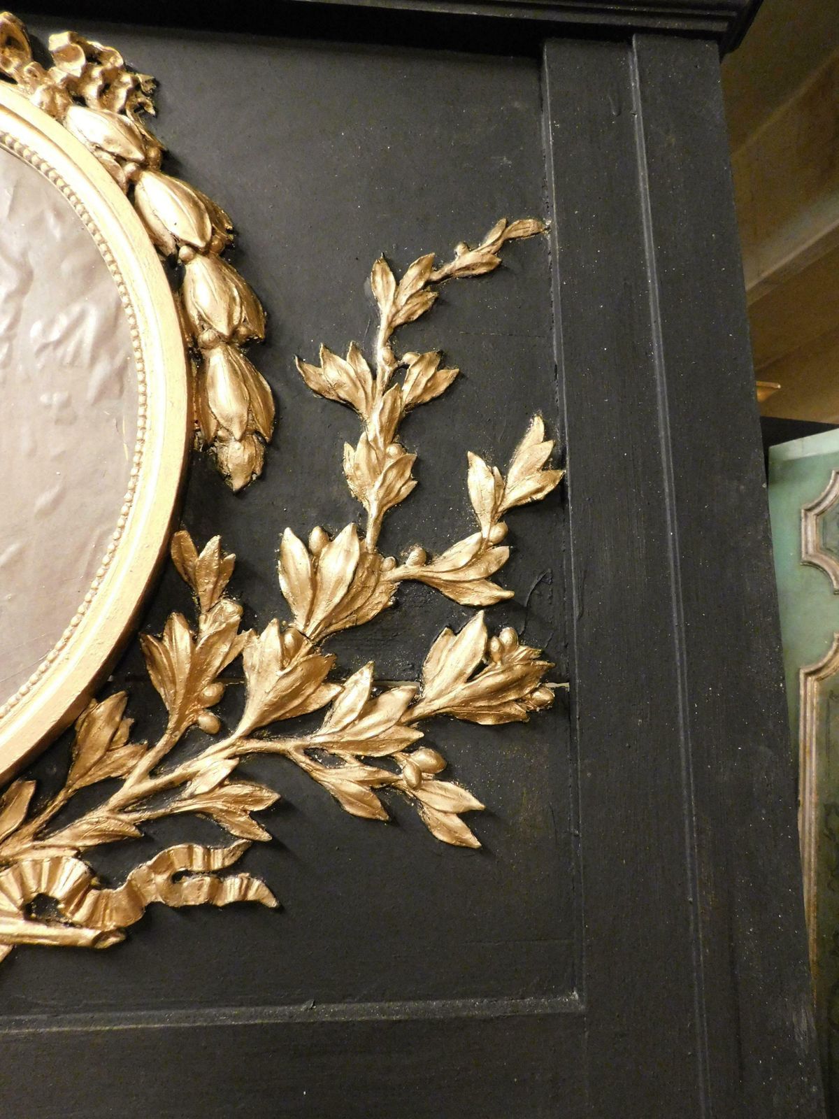 Big Mirror Black Lacquered Wood, Gilded Carvings And Painting Dame, Italy photo buy