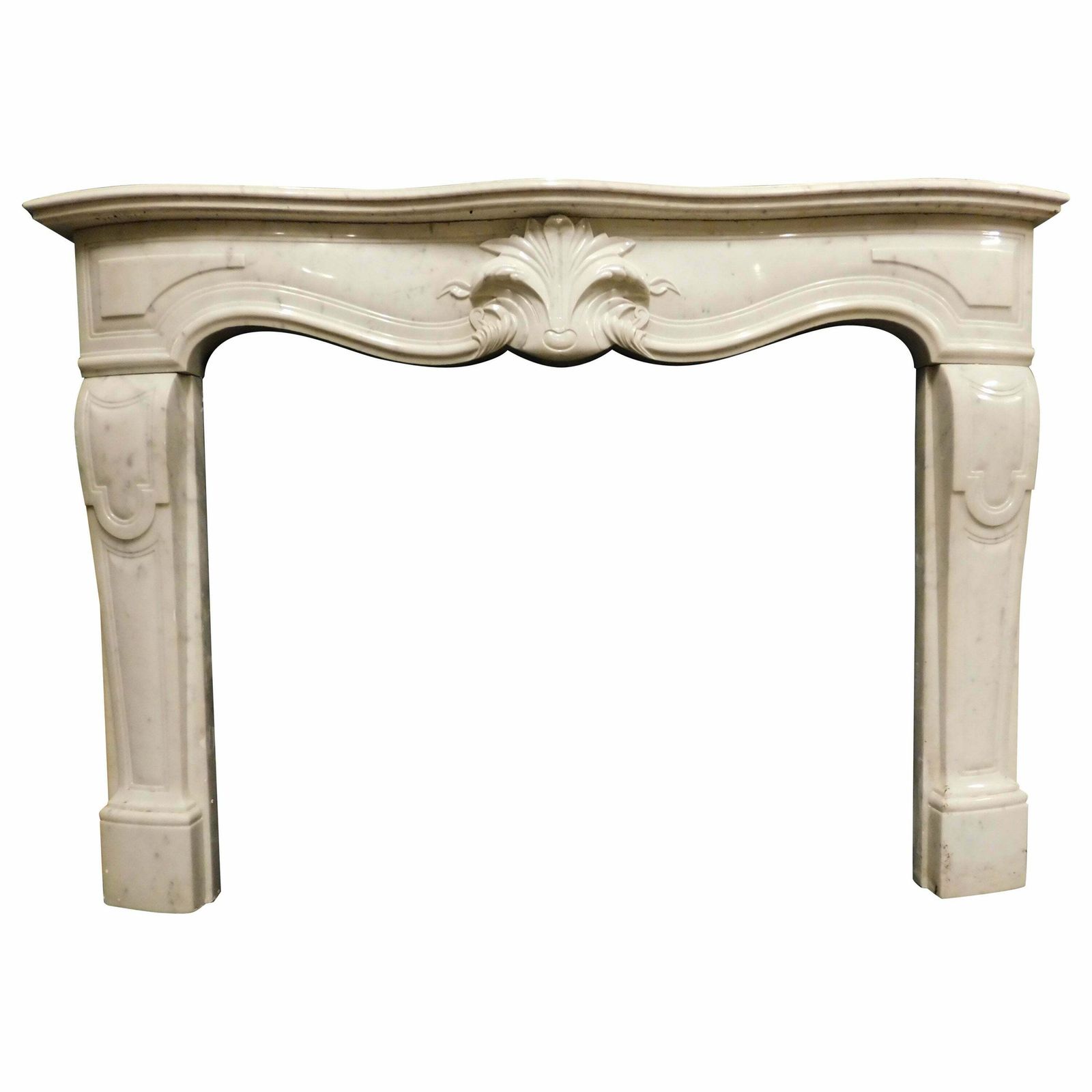 Fireplace Mantle In White Marble With Carved Central Leaf, France