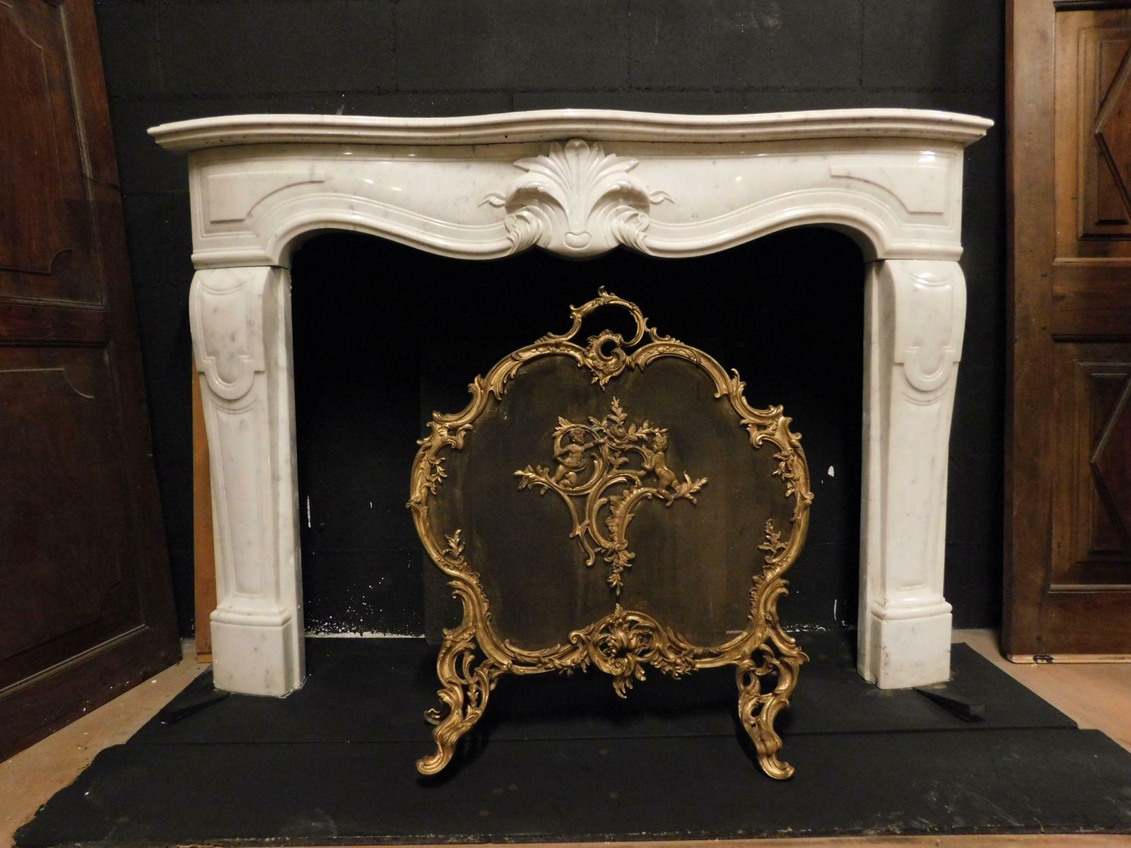 Fireplace Mantle In White Marble With Carved Central Leaf, France photo for sale