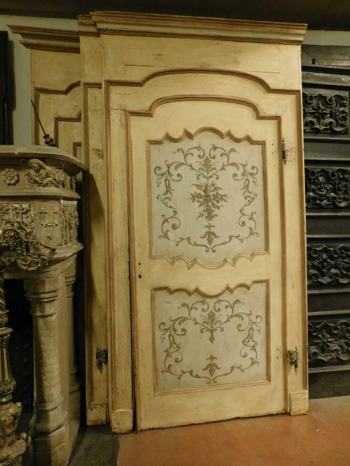 N.3 Interior Doors In Painted Wood With Frame, Floral Decorations, Italy photo Home Fixtures