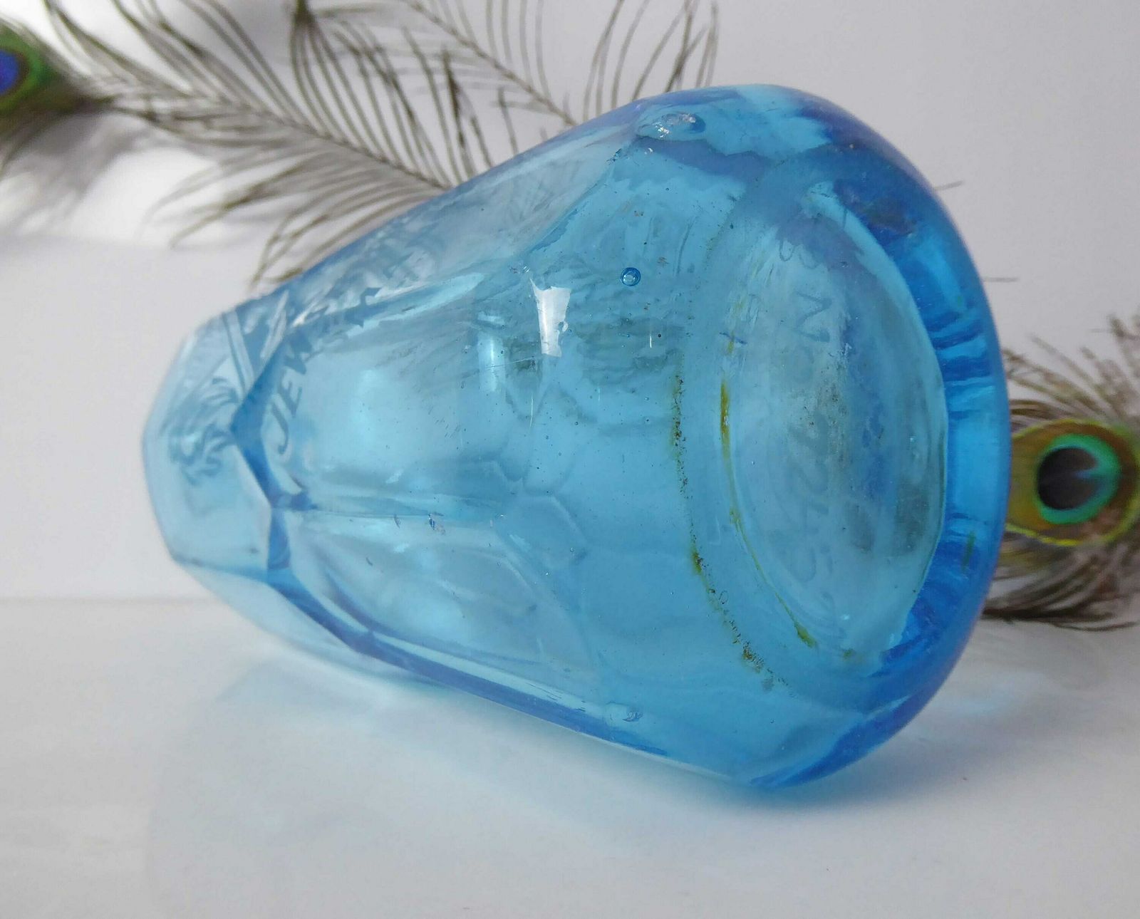 Vintage Blue Glass Soda Syphon Bottle | Vintage Seltzer Bottle | Etched Blue Glass Bottle | J&B Manchester | Jewsbury And Brown photo vinterior