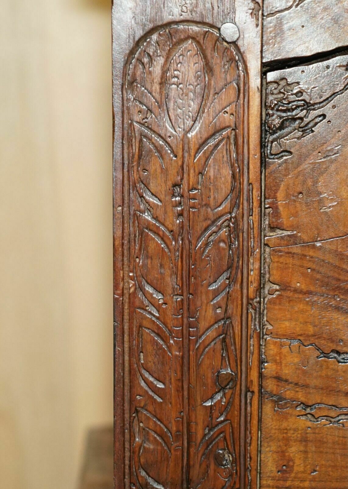 Antique 18th Century Six Plank Heavily Burred Chestnut Wood Trunk Chest photo vinterior