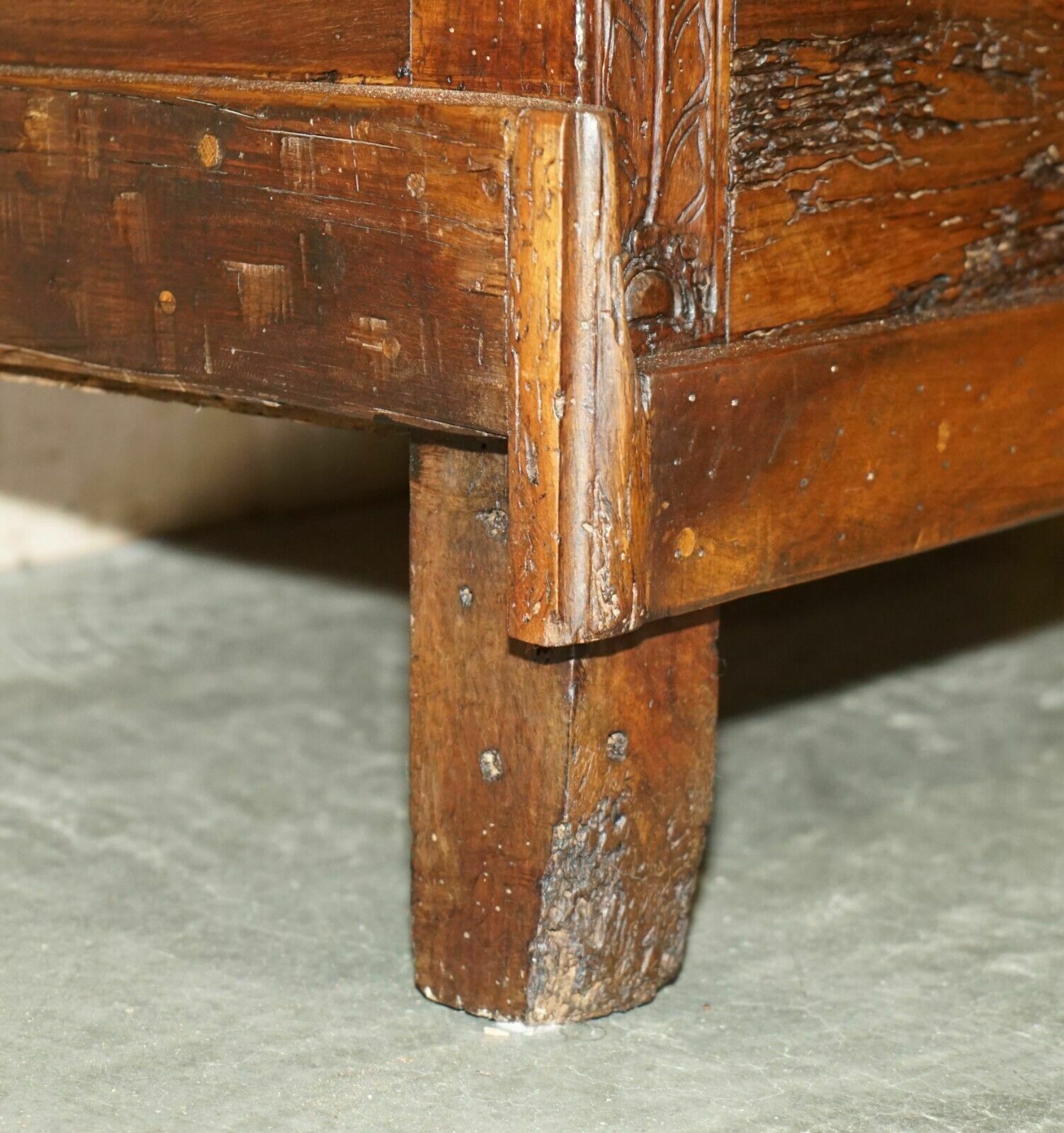 Antique 18th Century Six Plank Heavily Burred Chestnut Wood Trunk Chest photo vintage