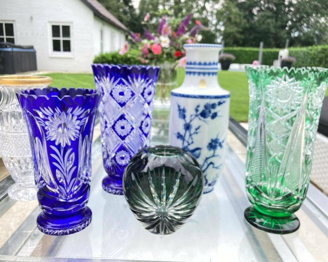 Cut Crystal Large Vase (1pcs) | Vintage Flower Holder | Emerald Green | 1960 1980s photo for sale