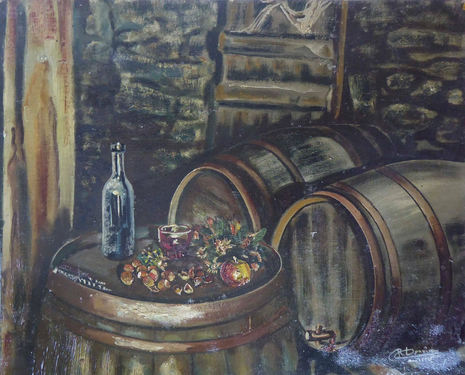 Original French Oil Painting | 1958 Art | Wine Barrels And Fruit Still Life | Signed Original Unframed Oil Painting | 1950s French Décor