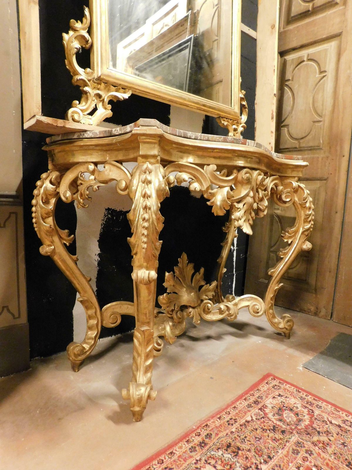Console Mirror In Gilded Wood Carved Floral Decorations, Red Marble Top, Naples photo vinterior