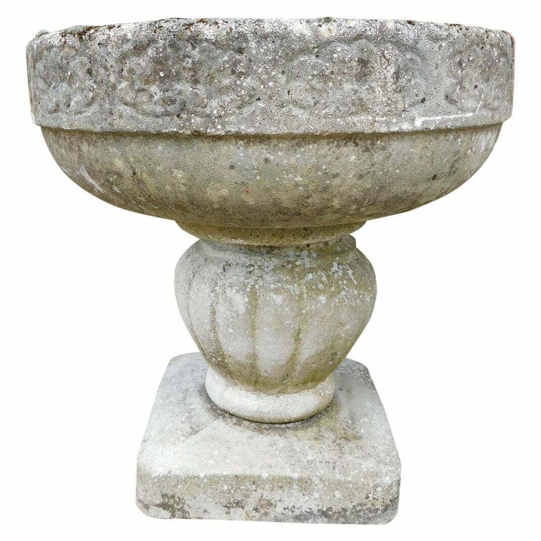 Old Vintage Garden Vases In Cement With Sculpted Flowers