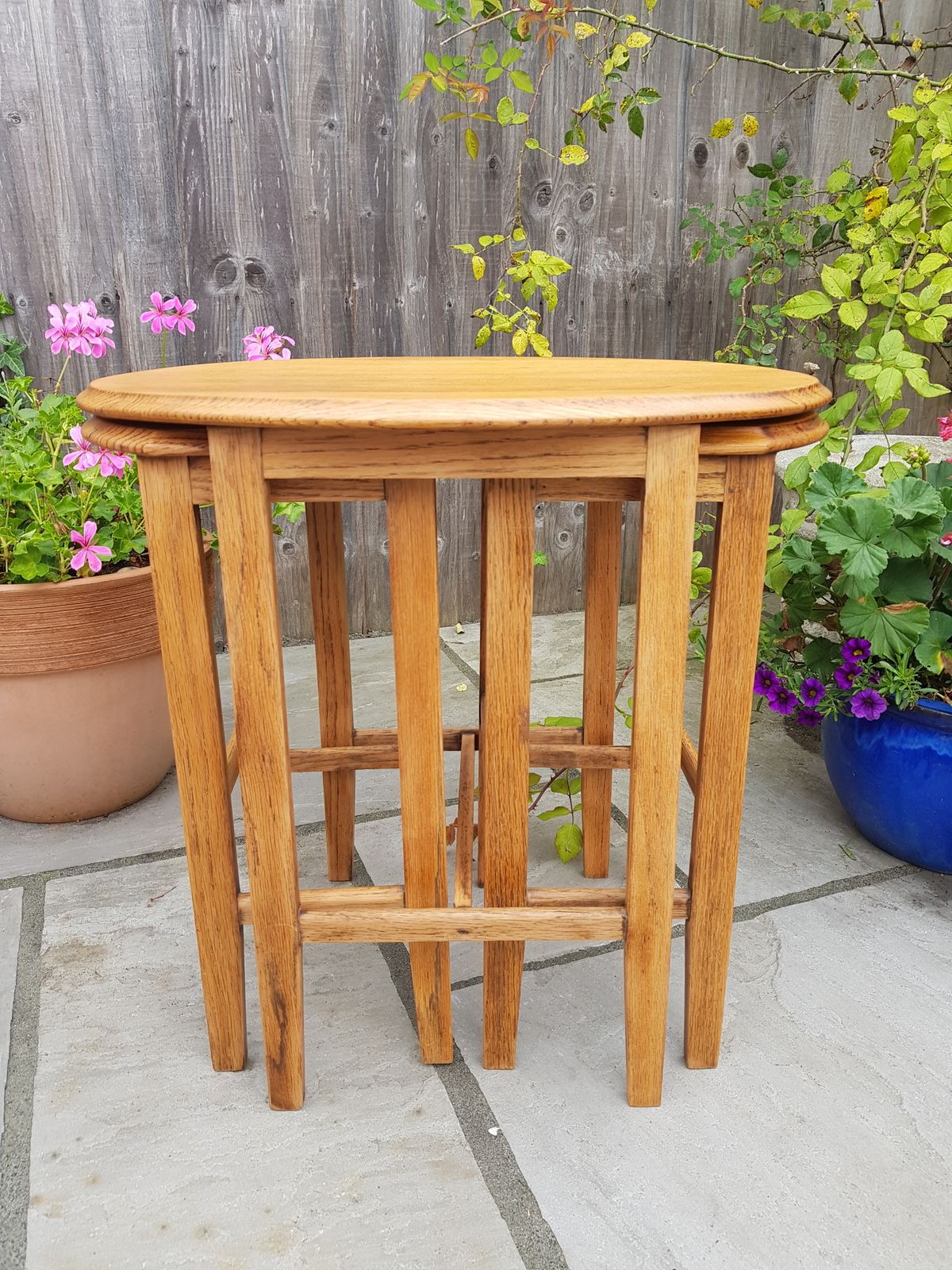 Vintage Nest Of Three Oak Tables With Beautiful Grain Markings. Bevelled Edges. Slender And Elegant Legs photo furniture