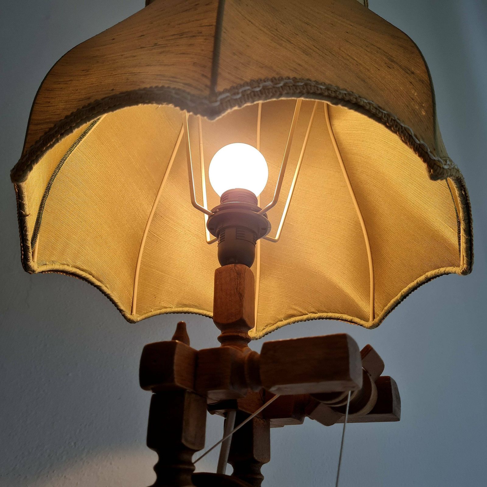 photo for sale Vintage Big Wooden Spinning Wheel Desk Lamp 70s