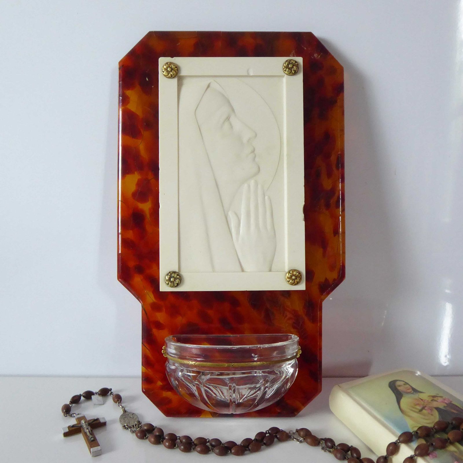 Holy Water Benitier In Faux Tortoiseshell Lucite With Glass Font | Antique French Art Deco Religious Décor | Religious Gift | Ivor Paris