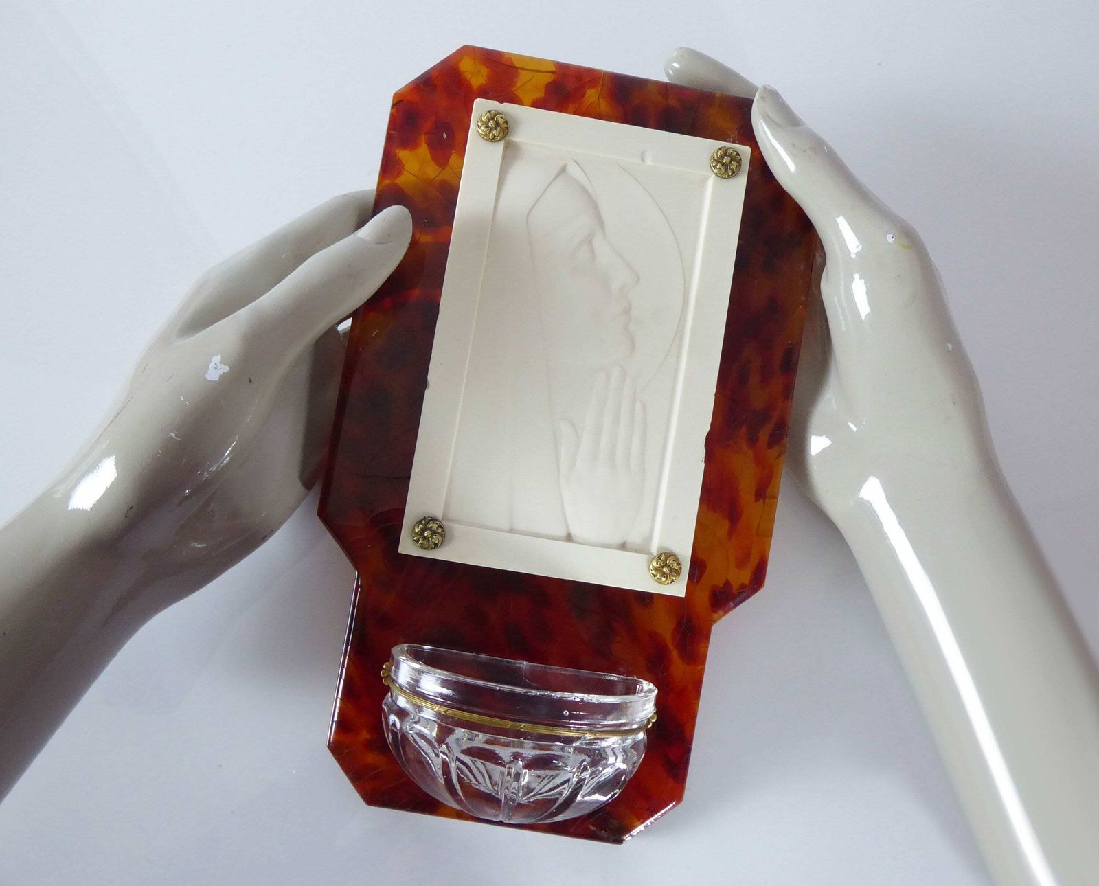 photo for sale Holy Water Benitier In Faux Tortoiseshell Lucite With Glass Font | Antique French Art Deco Religious Décor | Religious Gift | Ivor Paris