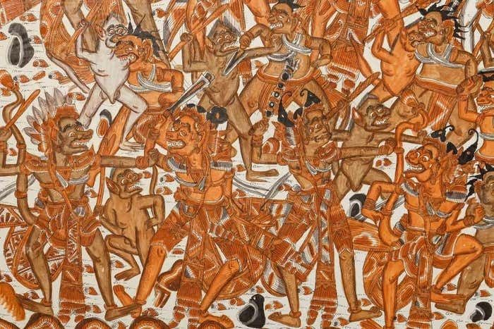 Thai Painting Depicting The War Between Heaven And Hell, Circa 1960 photo Art