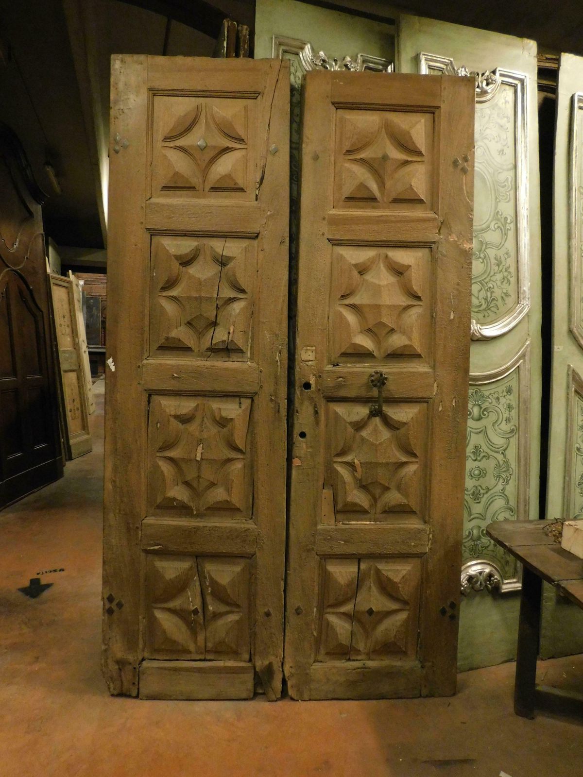Double Entrance Main Door Carved In Walnut, Italy photo vintage