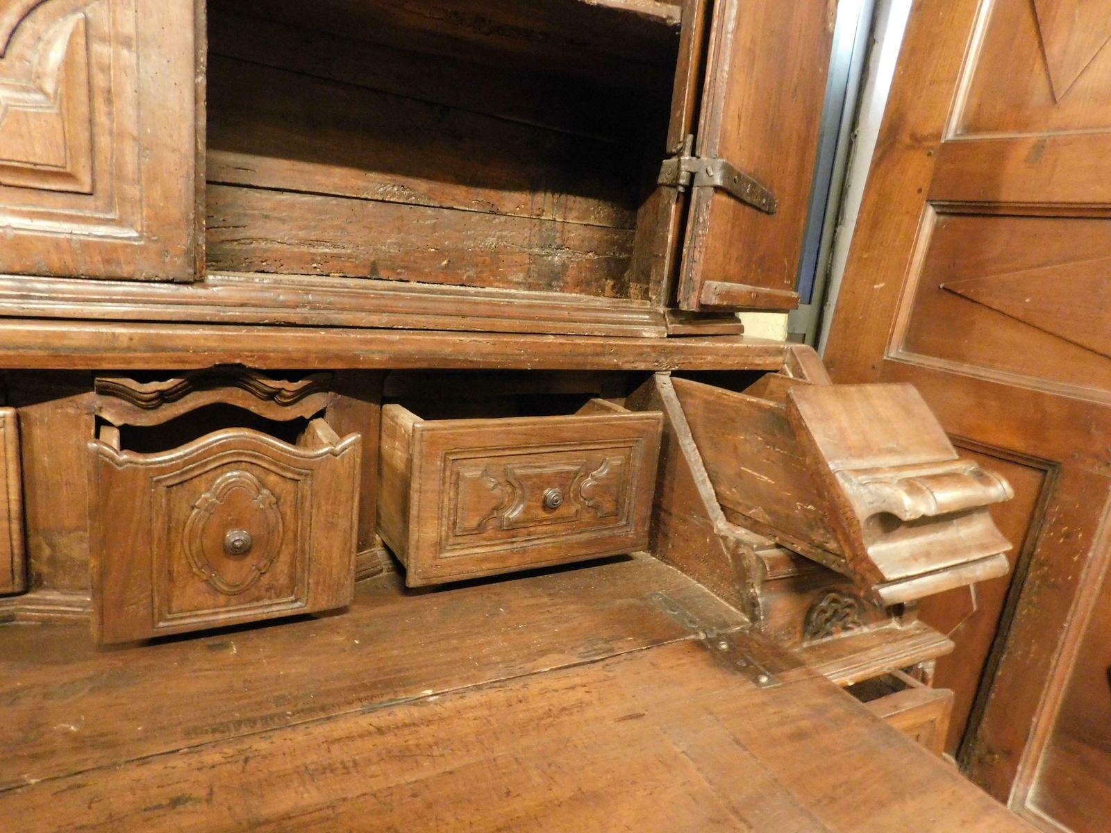Trumeau, Double Body In Carved Walnut With Doors, Flap And Drawers, Italy photo vintage