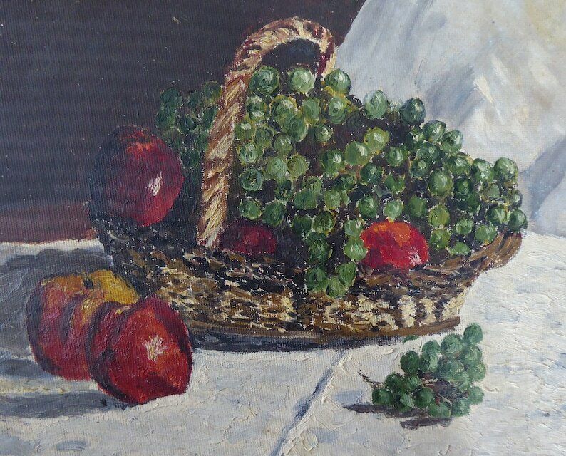Vintage Still Life Painting | Original Painting After Alfred Sisley 1876 | Pommes Et Raisins Dans Un Panier | Impressionist Art photo for sale