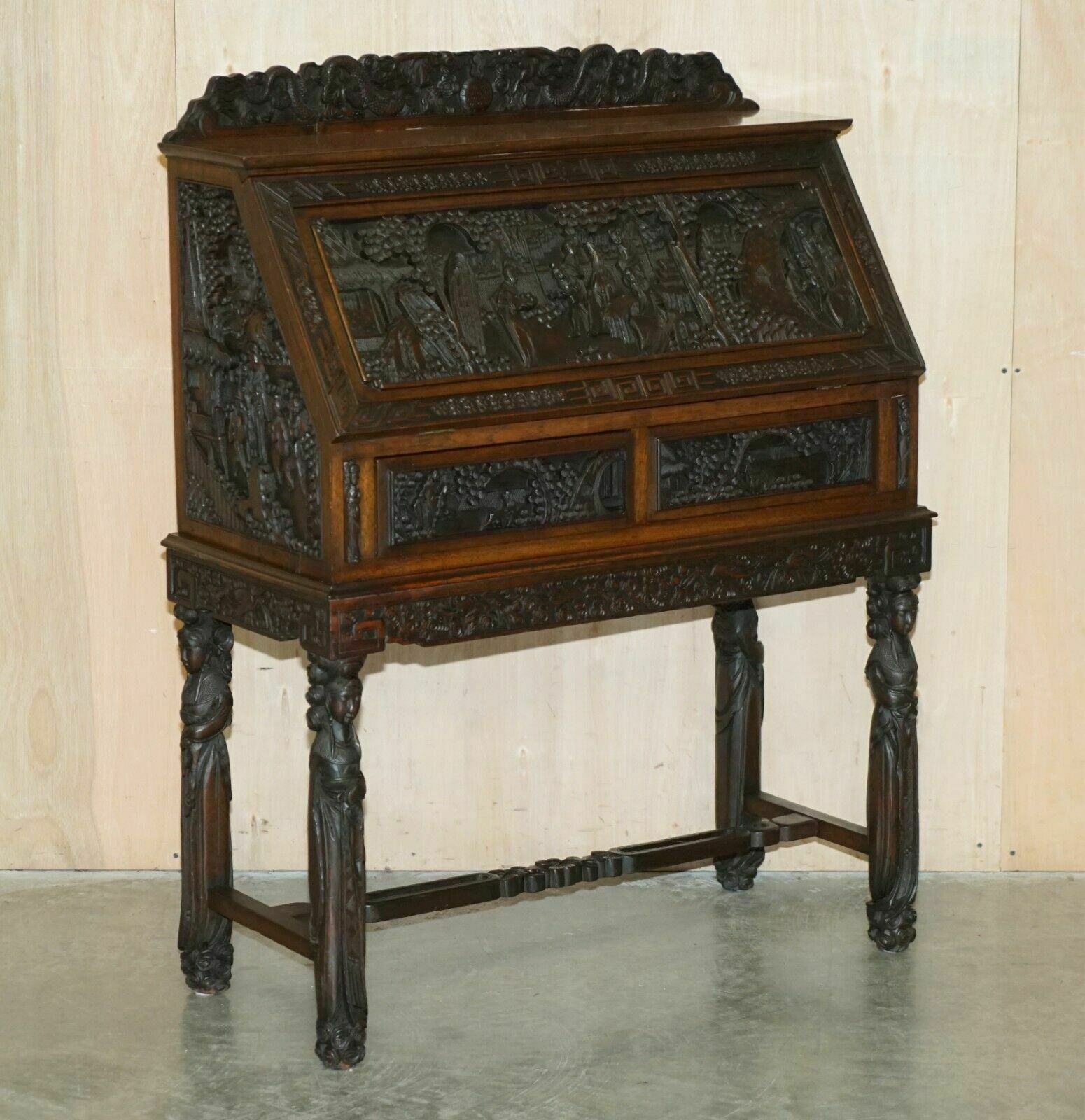 Antique Circa 1940's Hand Carved Chinese Bureau Writing Desk And Matching Armchair photo furniture