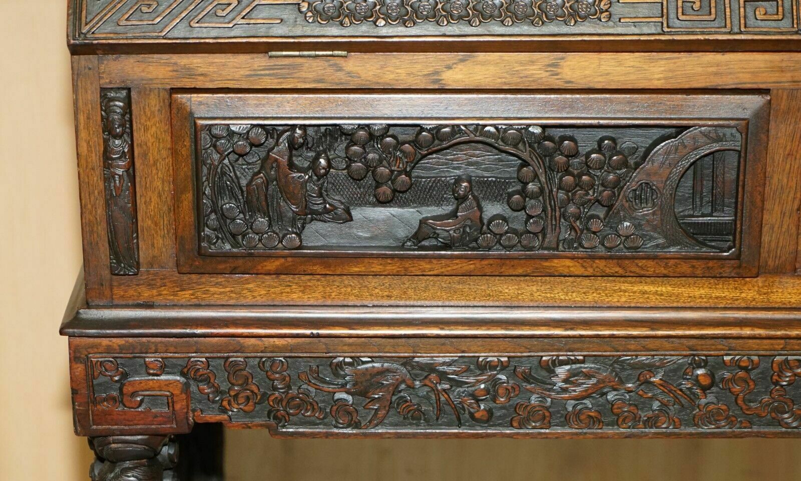 photo for sale Antique Circa 1940's Hand Carved Chinese Bureau Writing Desk And Matching Armchair