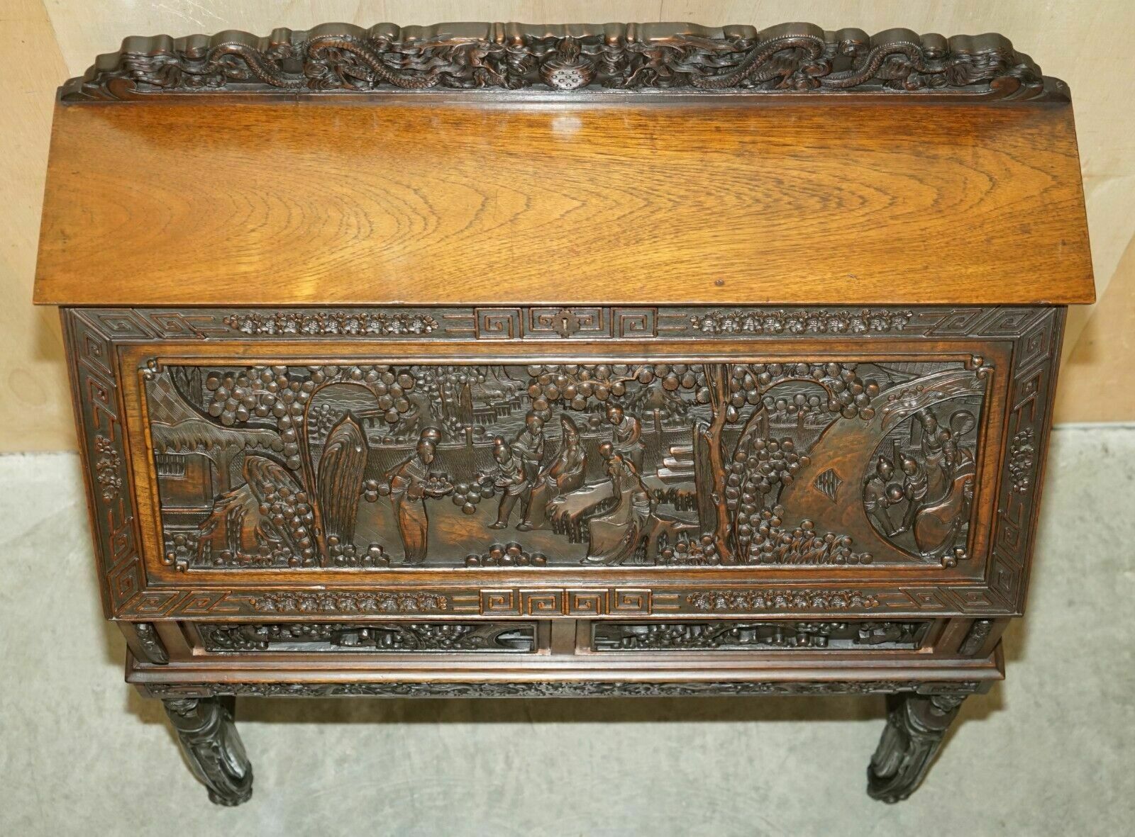 photo buy Antique Circa 1940's Hand Carved Chinese Bureau Writing Desk And Matching Armchair