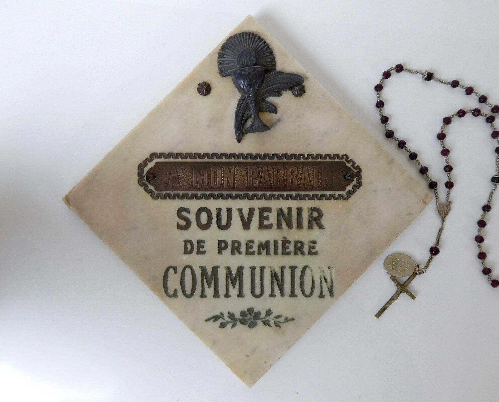 First Communion Souvenir | Antique French Religious Souvenir | Marble Plaque photo furniture