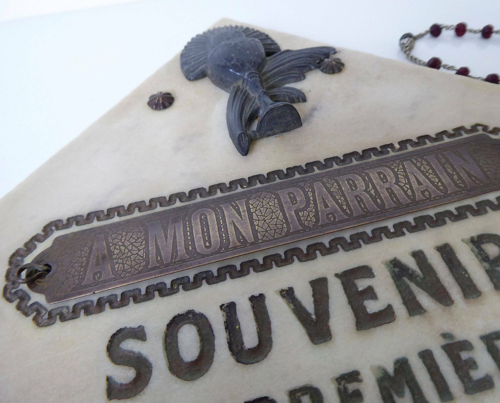 First Communion Souvenir | Antique French Religious Souvenir | Marble Plaque photo 67.0