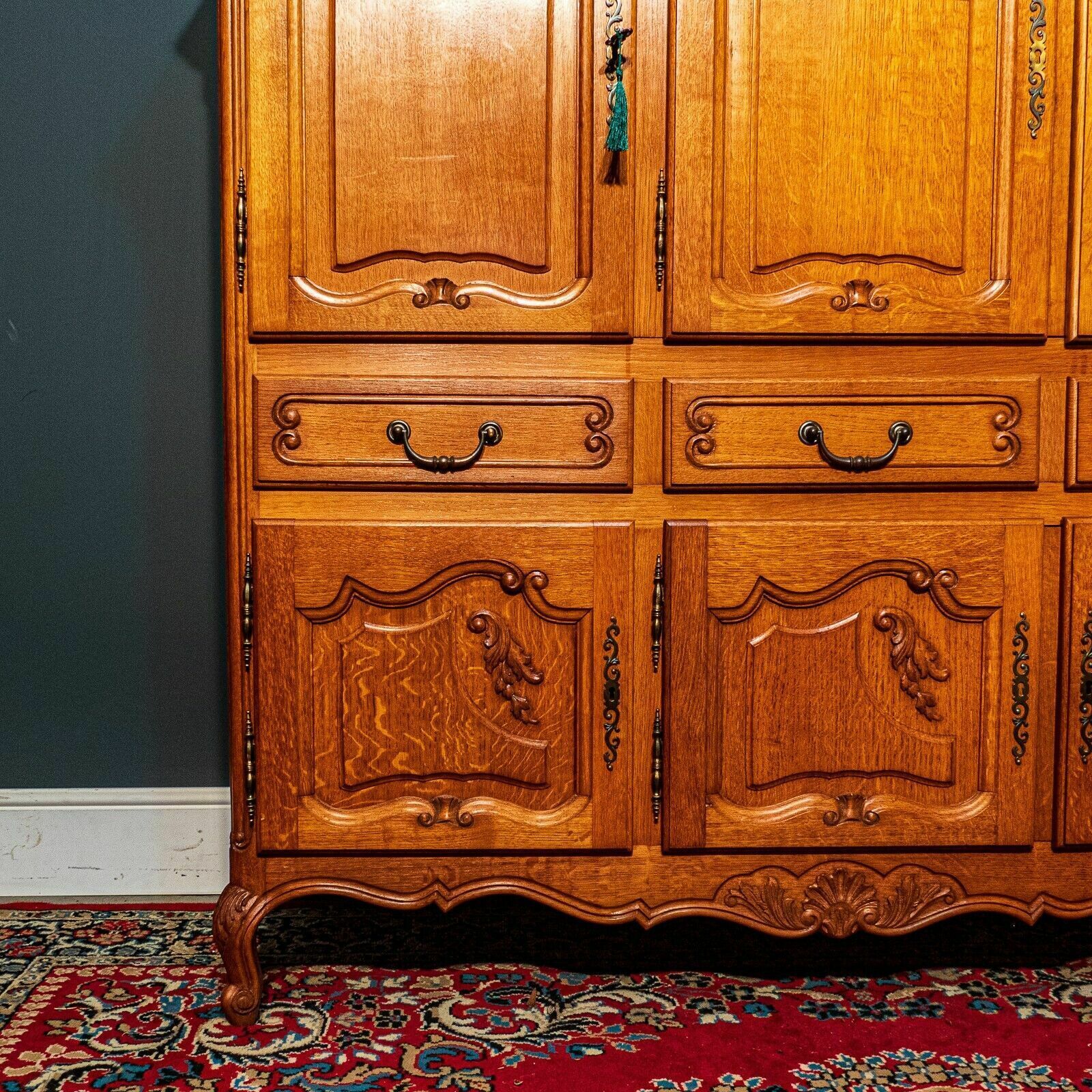 Large French Honey Oak Louis XV 6 Door Side Cabinet Internal Lights   B06 23 photo vintage
