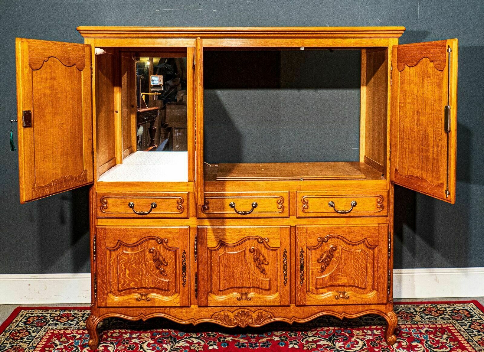 Furniture Large French Honey Oak Louis XV 6 Door Side Cabinet Internal Lights   B06 23 photo