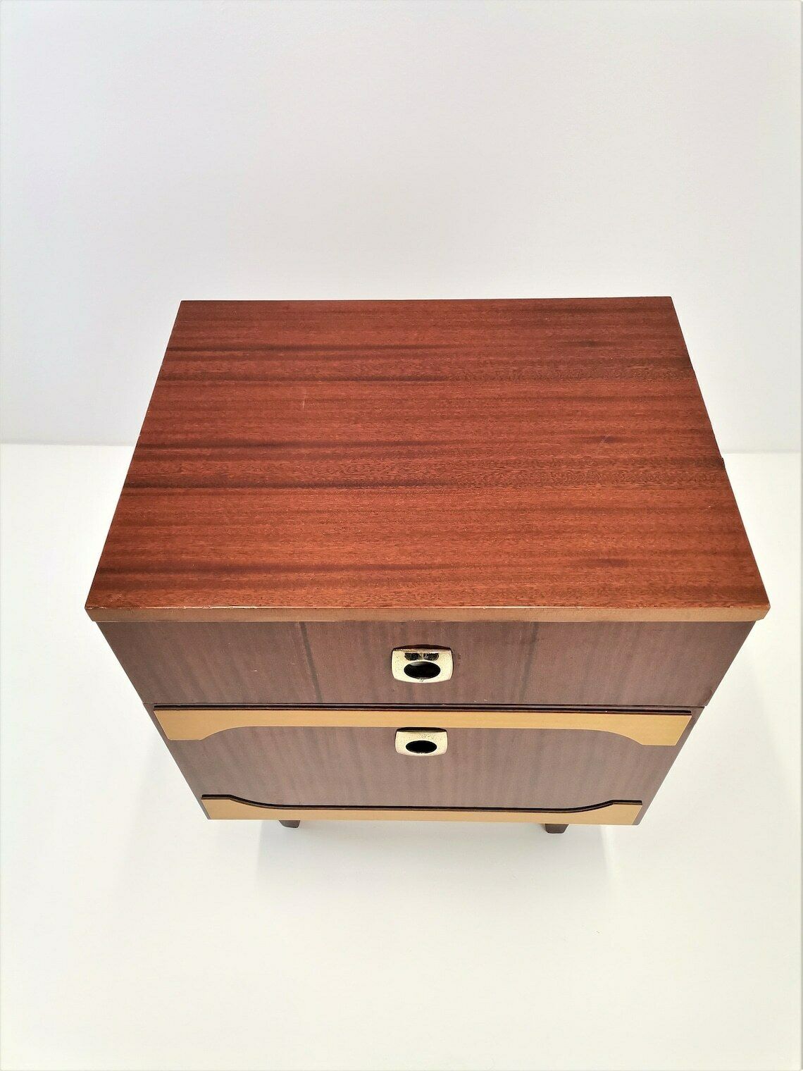 Vintage Tall Nightstand  Mid Century Bedside Table With Two Toned Veneer  Console Table With 2 Drawers photo furniture