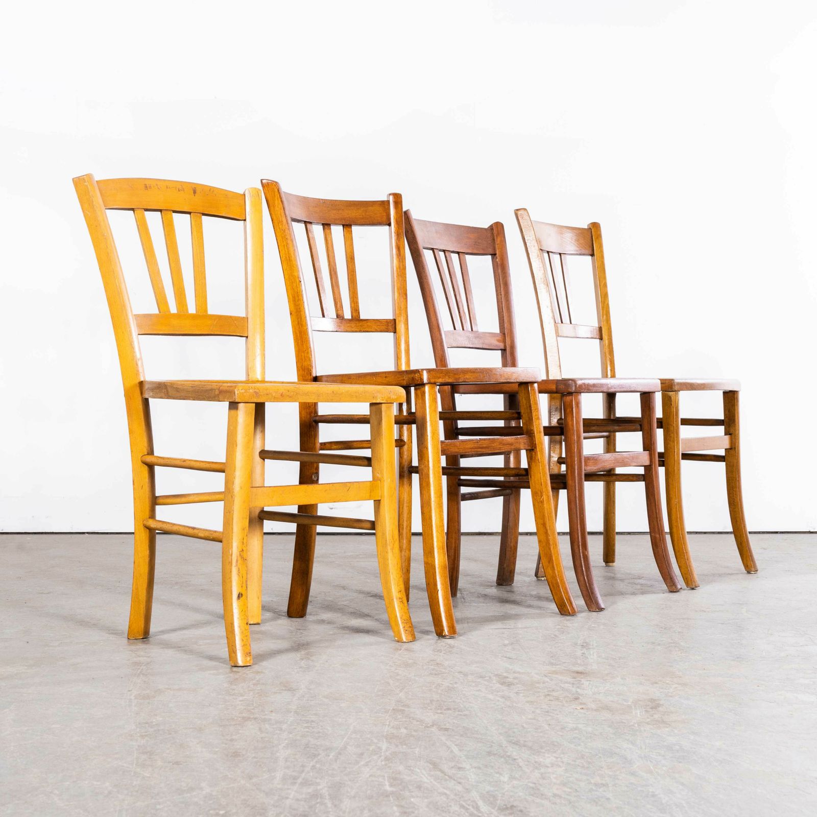 1950’s Standard Blonde Farmhouse French Mixed Dining Chairs – Set Of Four photo for sale