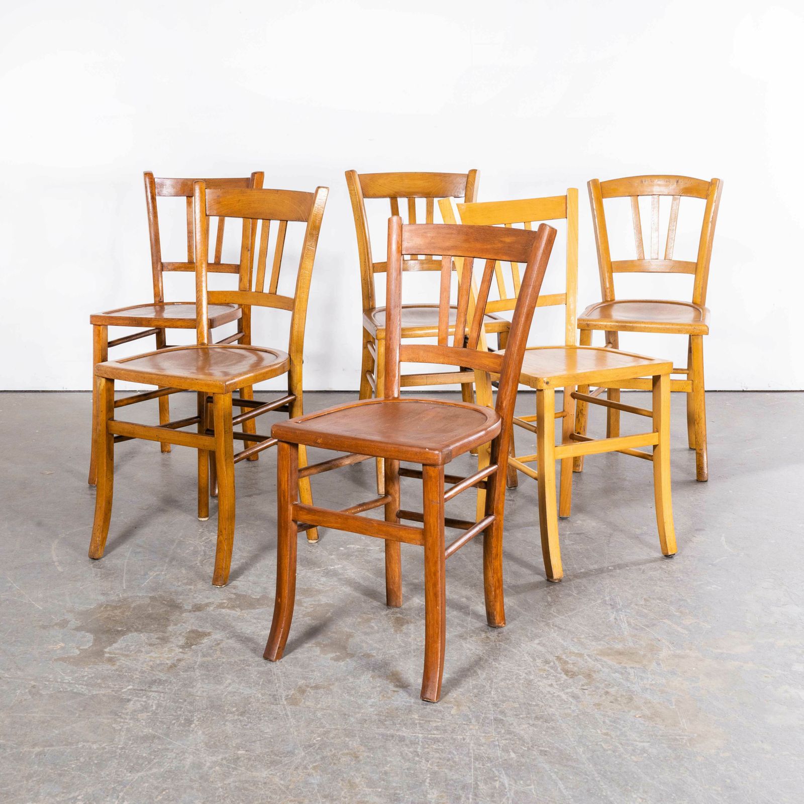 1950’s Standard Blonde Farmhouse French Mixed Dining Chairs – Set Of Six