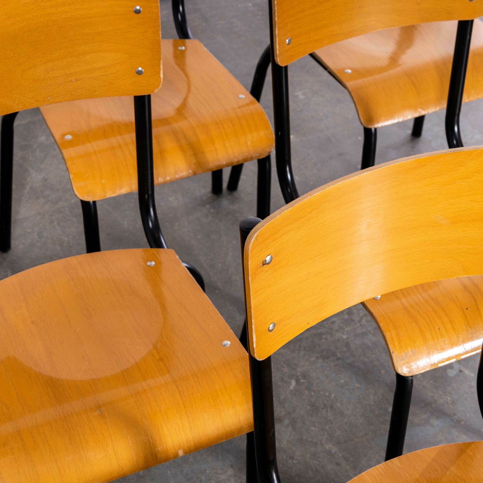 1960’s Original Black French Stacking University Chairs Wide Back – Set Of Six photo furniture
