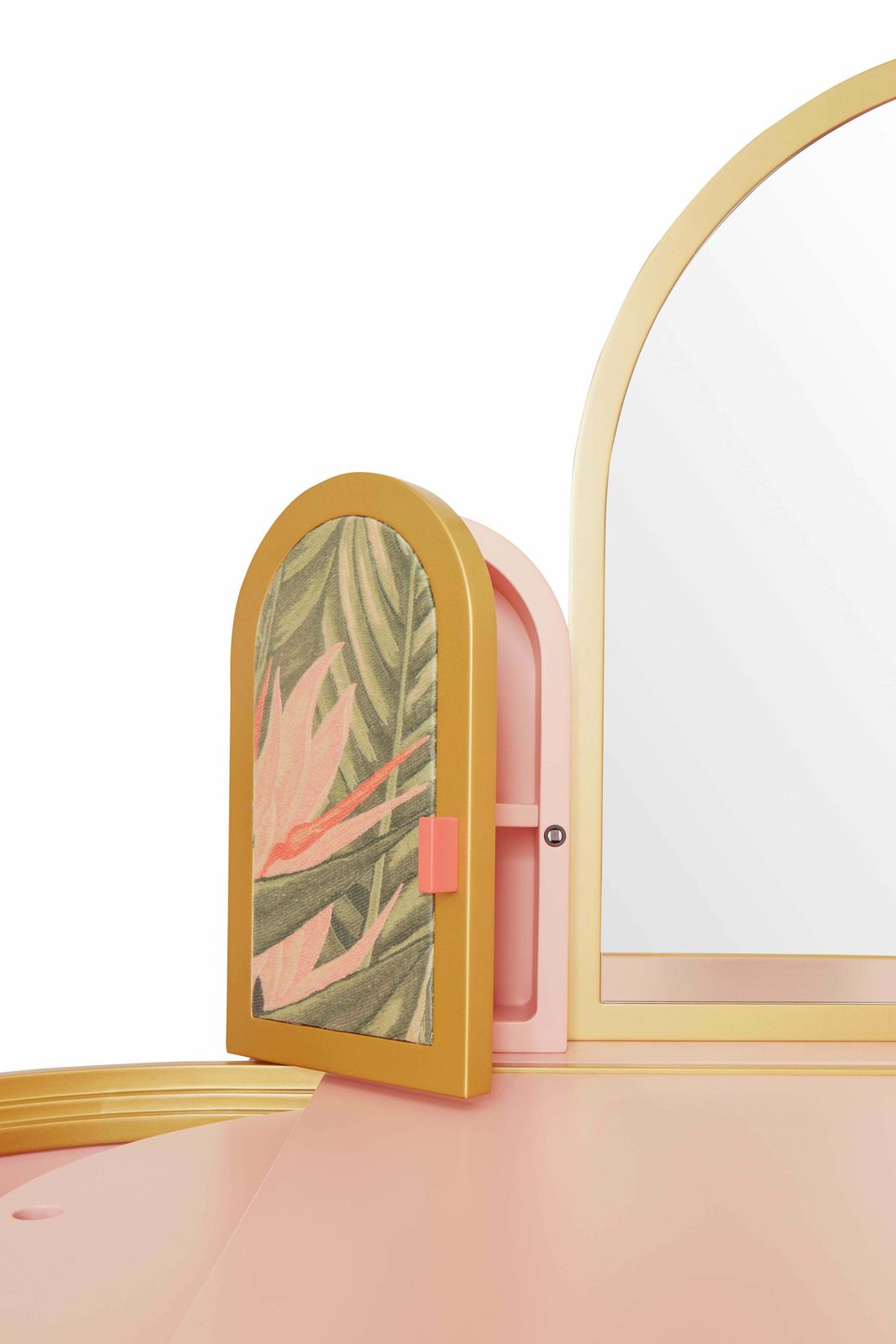 Pink Bedroom Vanity With Velvet Pouff photo Furniture