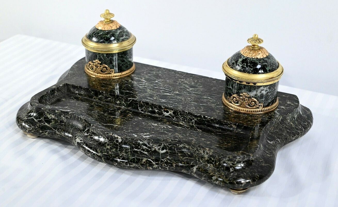 Inkwell In Marble And Bronze, Empire Style   1st Part XIX photo for sale