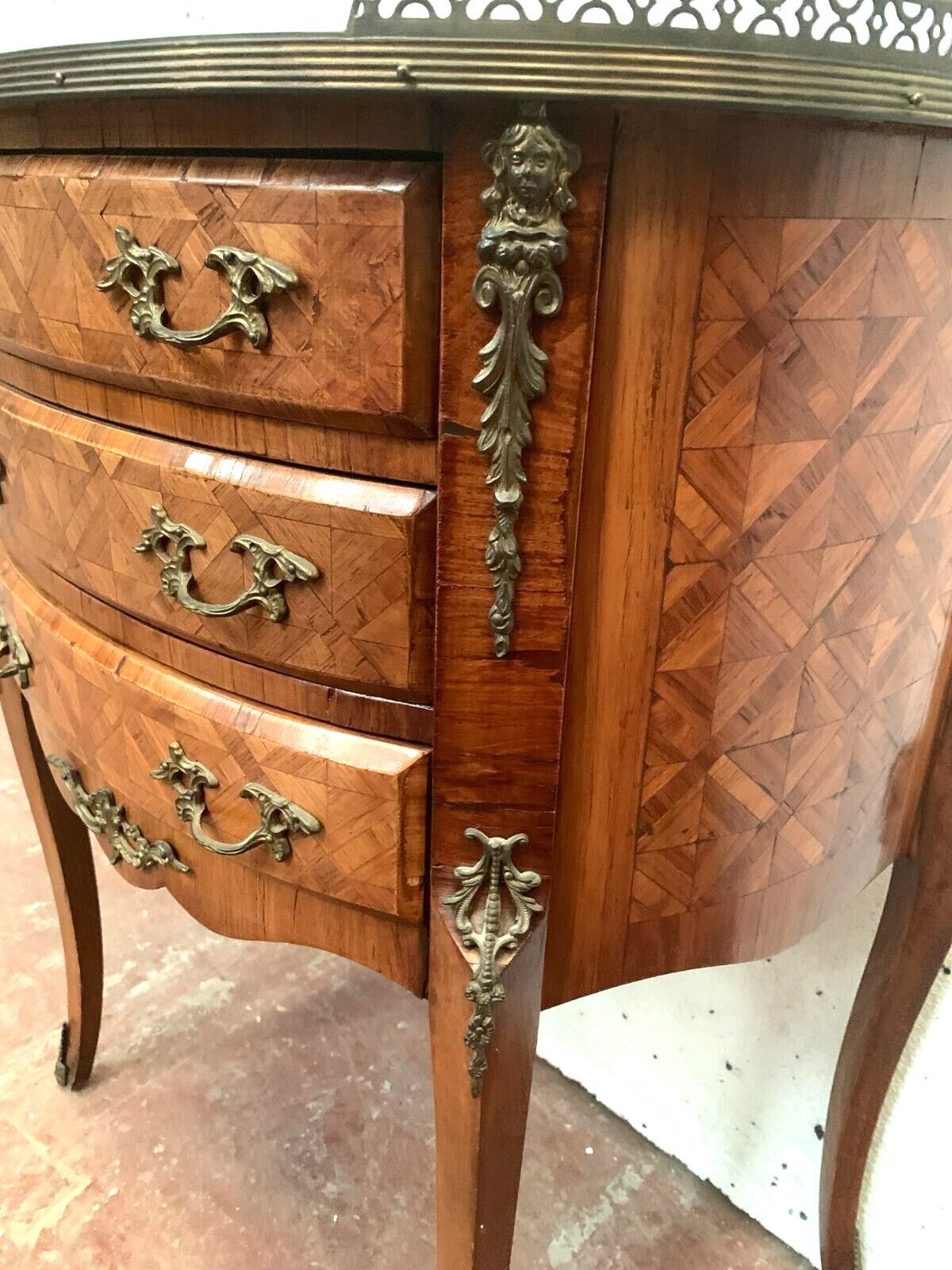 photo for sale Louis XV Style Half Moon Chest Of Drawers In Marquetry With A Background Of Cubes, 20th Century