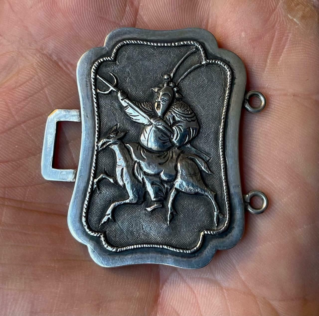 Antique Chinese Export Silver Belt Buckle With Samurais, Woshing Shanghai photo for sale