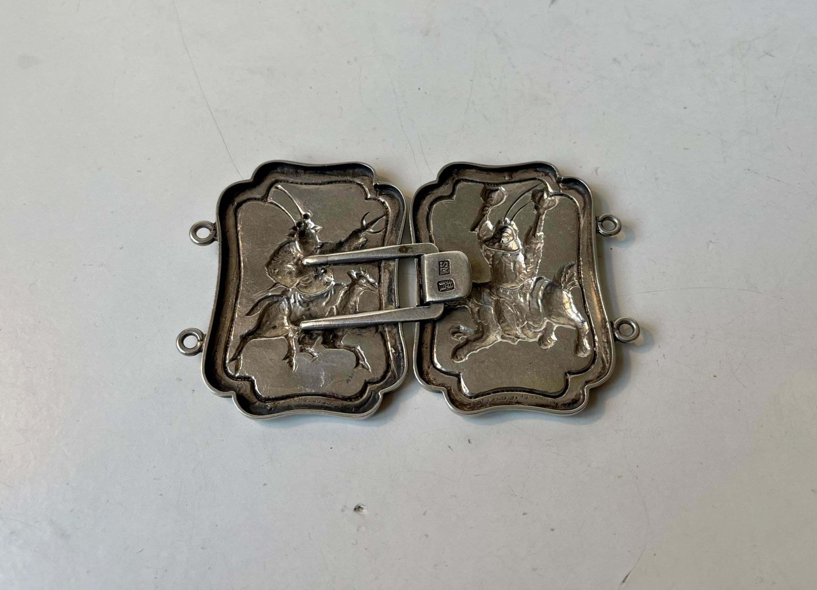 Antique Chinese Export Silver Belt Buckle With Samurais, Woshing Shanghai photo Home Decor