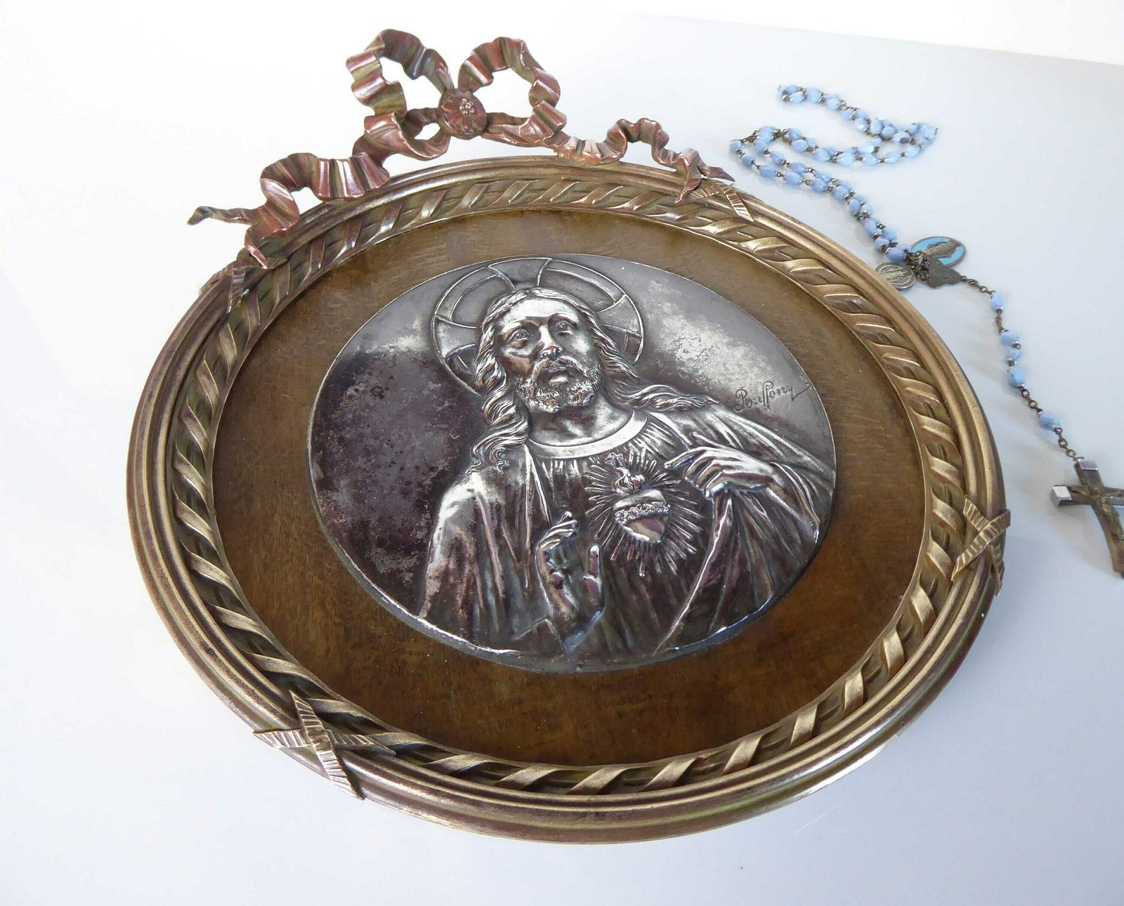Sacred Heart | Antique Religious Plaque With Christ Medallion By Ruffony | Religious Gift photo for sale