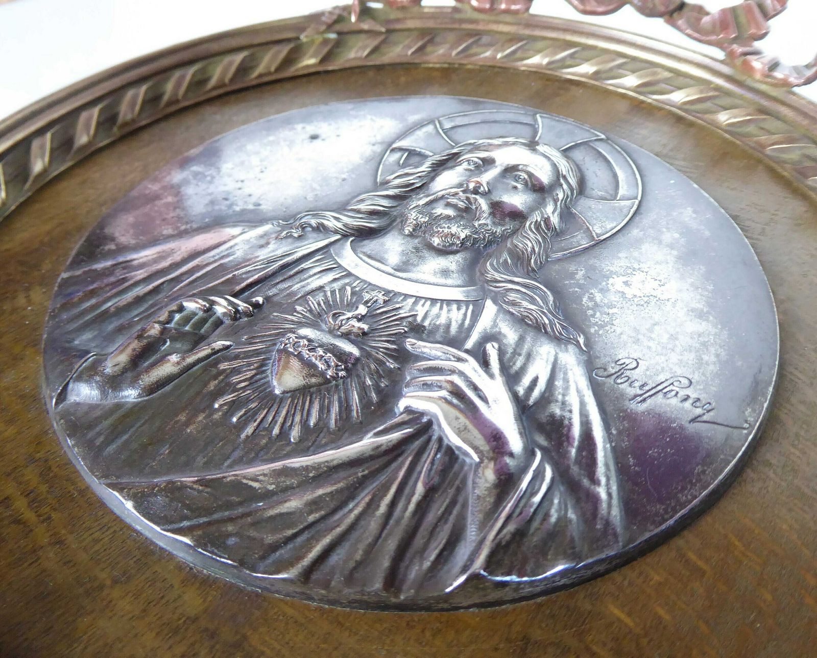 Sacred Heart | Antique Religious Plaque With Christ Medallion By Ruffony | Religious Gift photo vintage